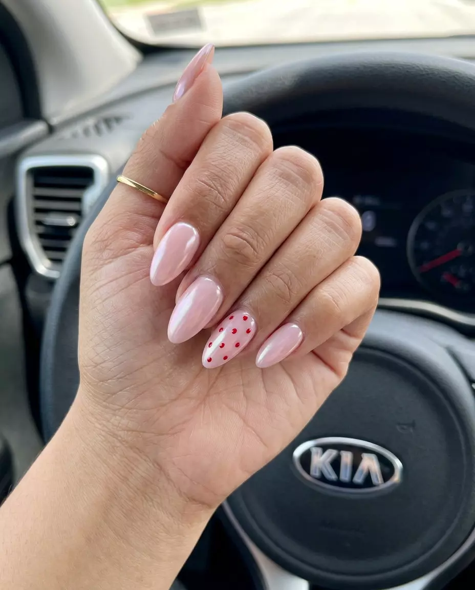 Glazed Strawberry Donut Almond nails: Romantic milky pink with pearlescent glaze.