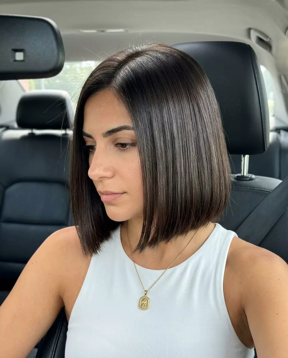 Glossed Brunette Micro Bob Haircut 2026 short micro bob haircut with glossed brunette, sharp perimeter, no fringe — edgy & avant-garde