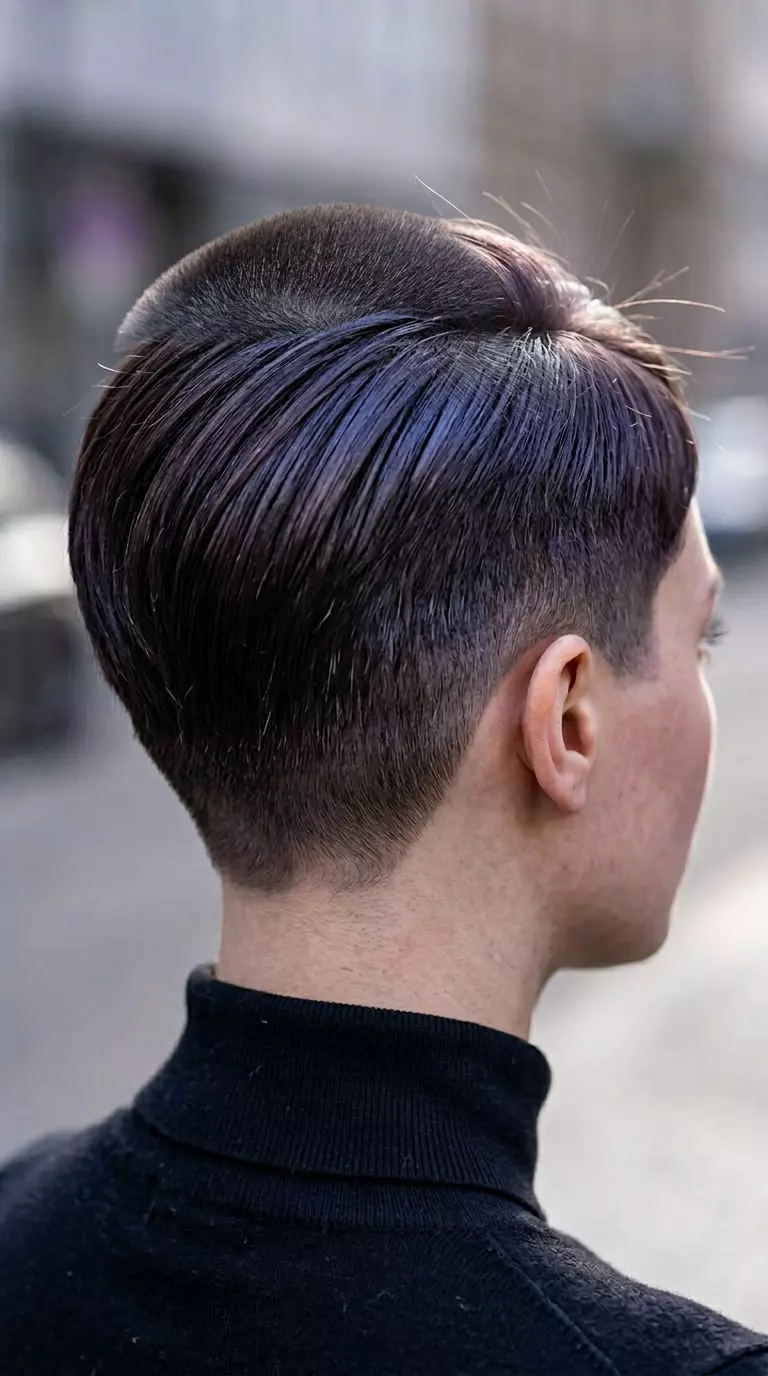 sharp buzz cut glossy espresso glaze with violet undertones, single-process application &mdash; bold edgy minimalist style