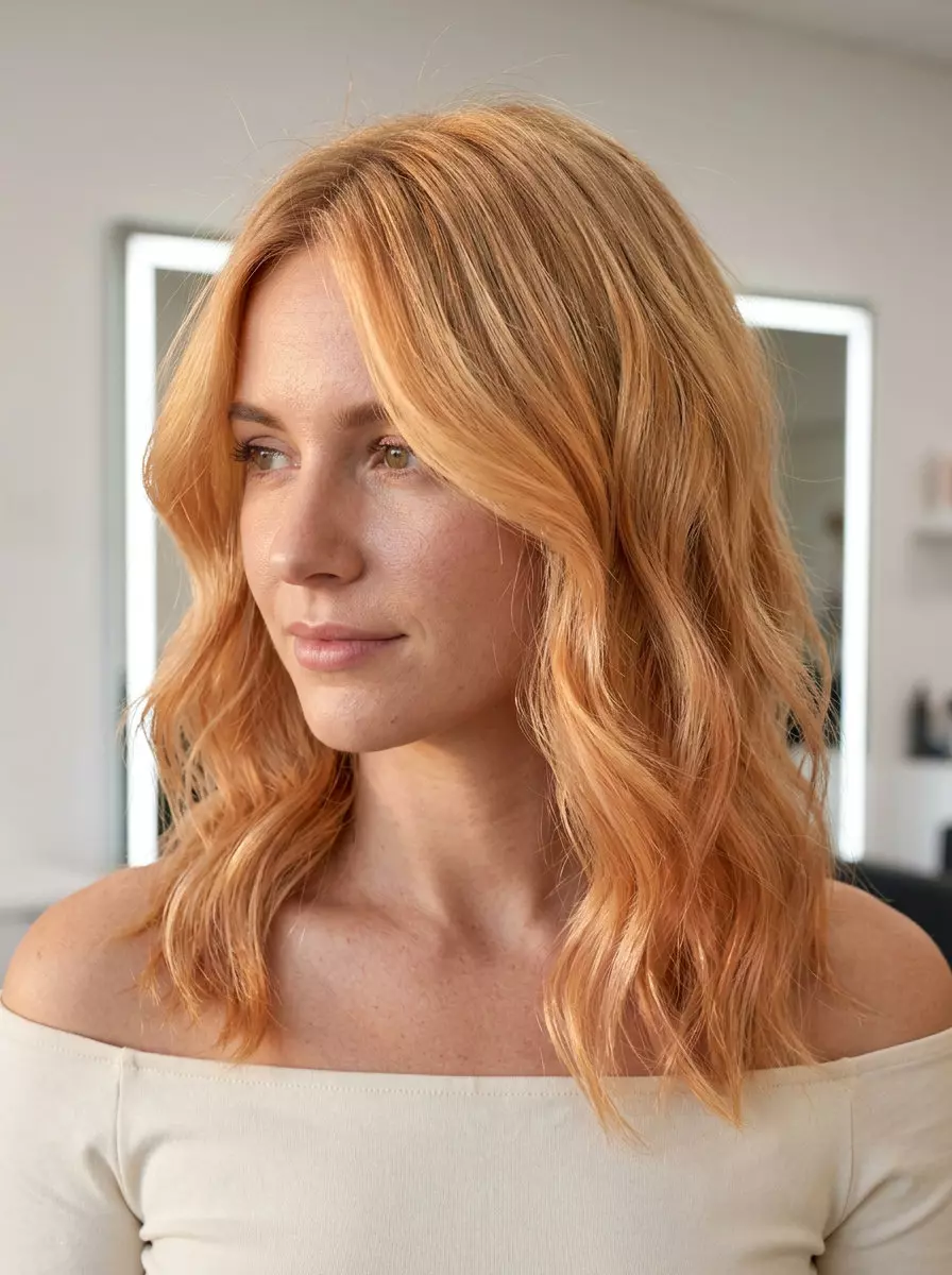 long golden apricot balayage with soft face-framing and no fringe for summer
