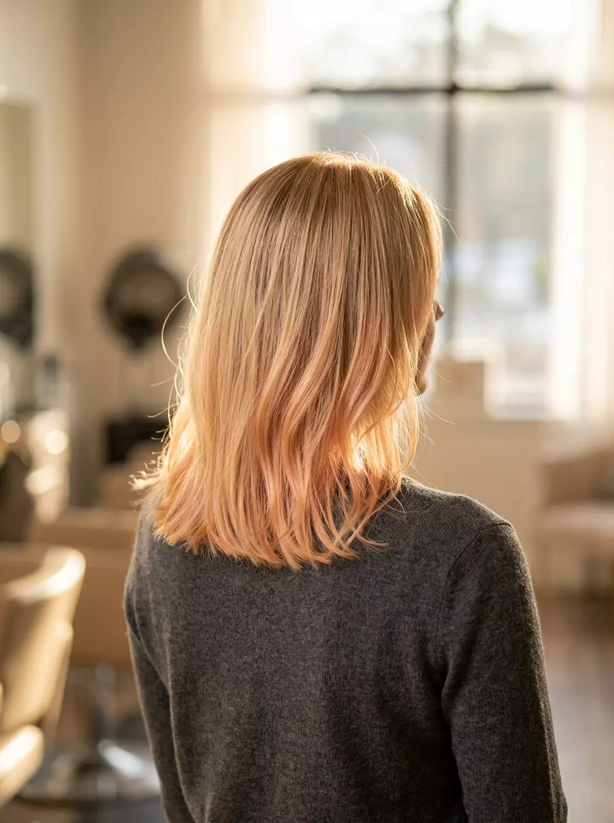 long golden blonde balayage with soft apricot overlay and face-framing for summer