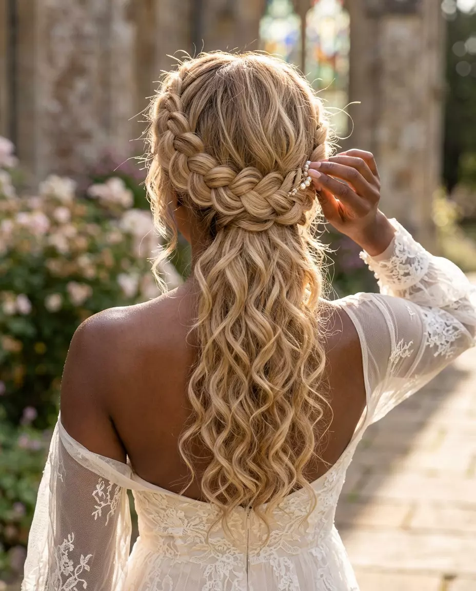 long curly golden blonde braided crown with creamy highlights for weddings