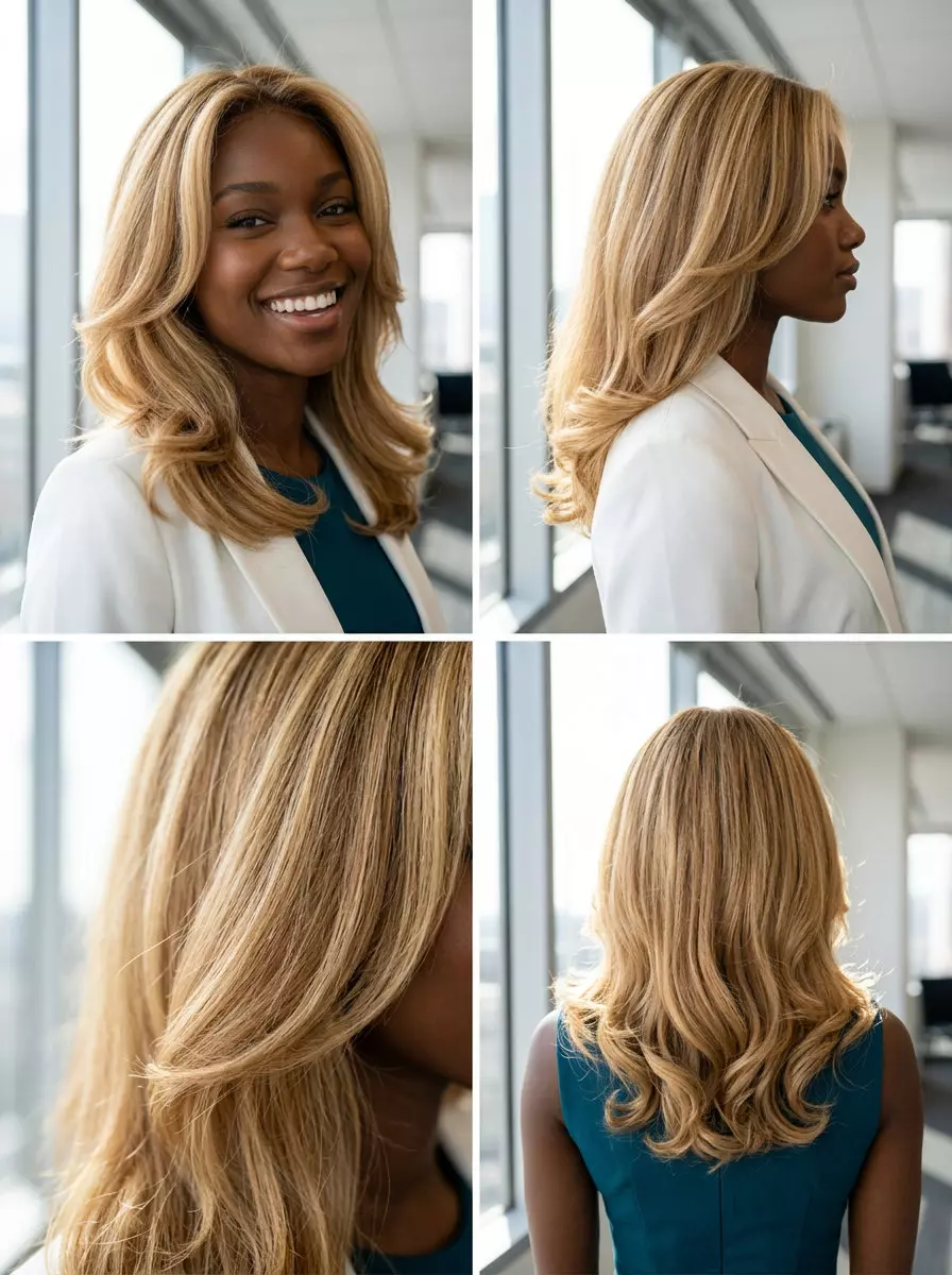 long layered haircut with golden blonde color, 90s blowout for summer work