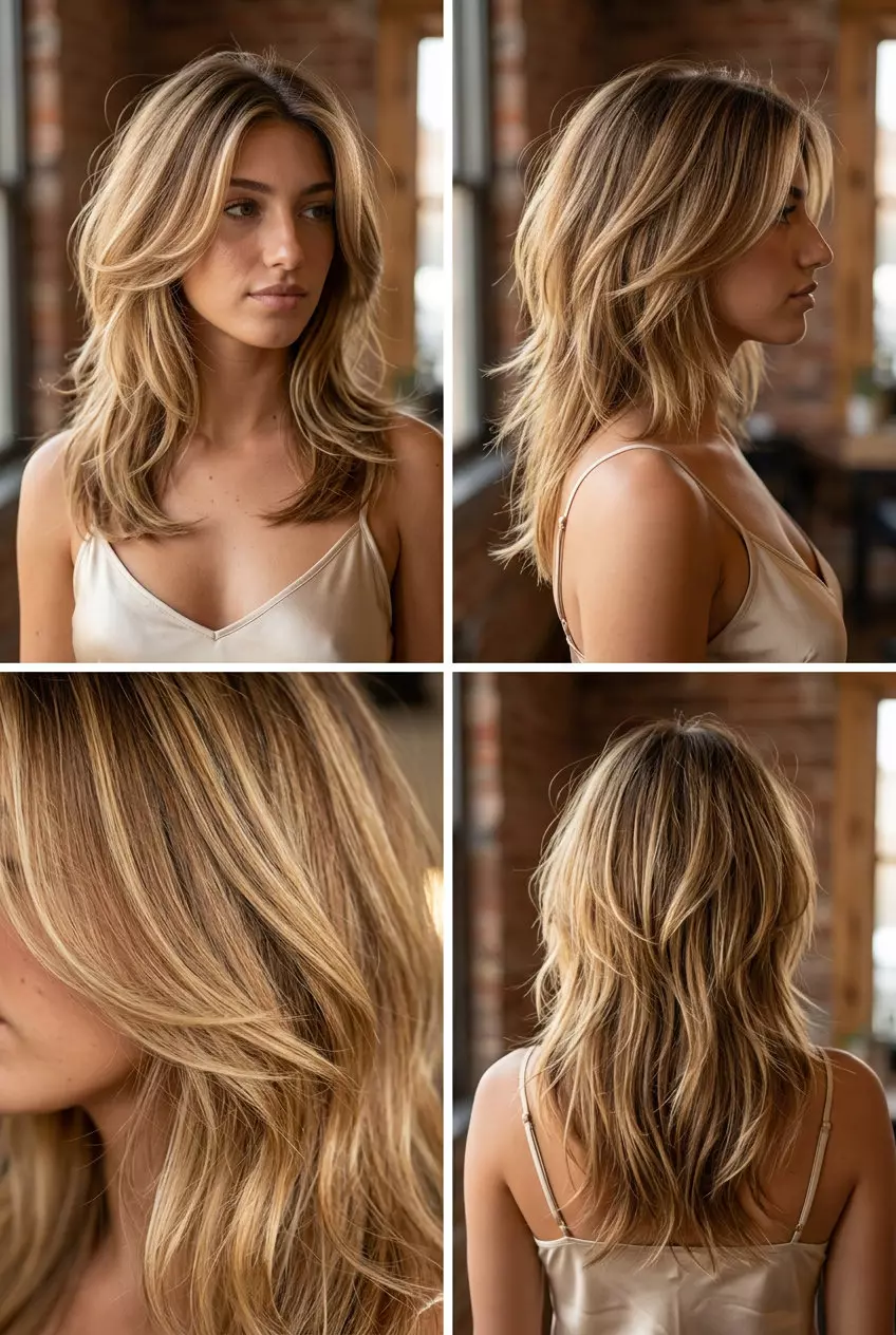 long wolf cut in golden blonde with honey balayage, butterfly face-framing layers, razored ends &mdash; glamorous event style