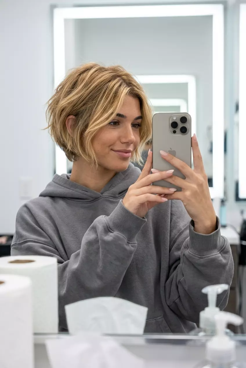 short textured crop haircut with golden blonde balayage, hand-painted highlights, no fringe &mdash; effortless weekend
