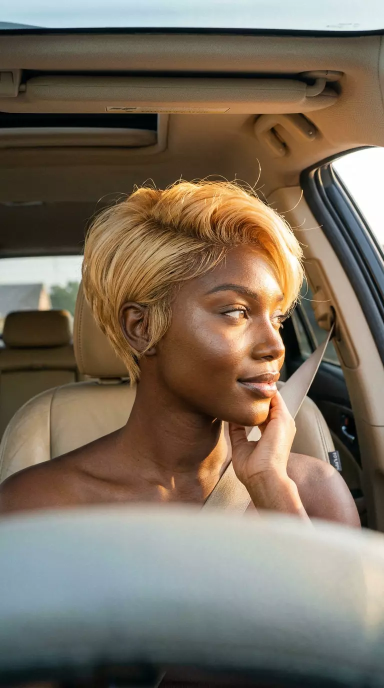Gilded Summer Pixie Haircut 2026 short golden blonde pixie haircut with tapered nape and wispy side-swept bangs for summer