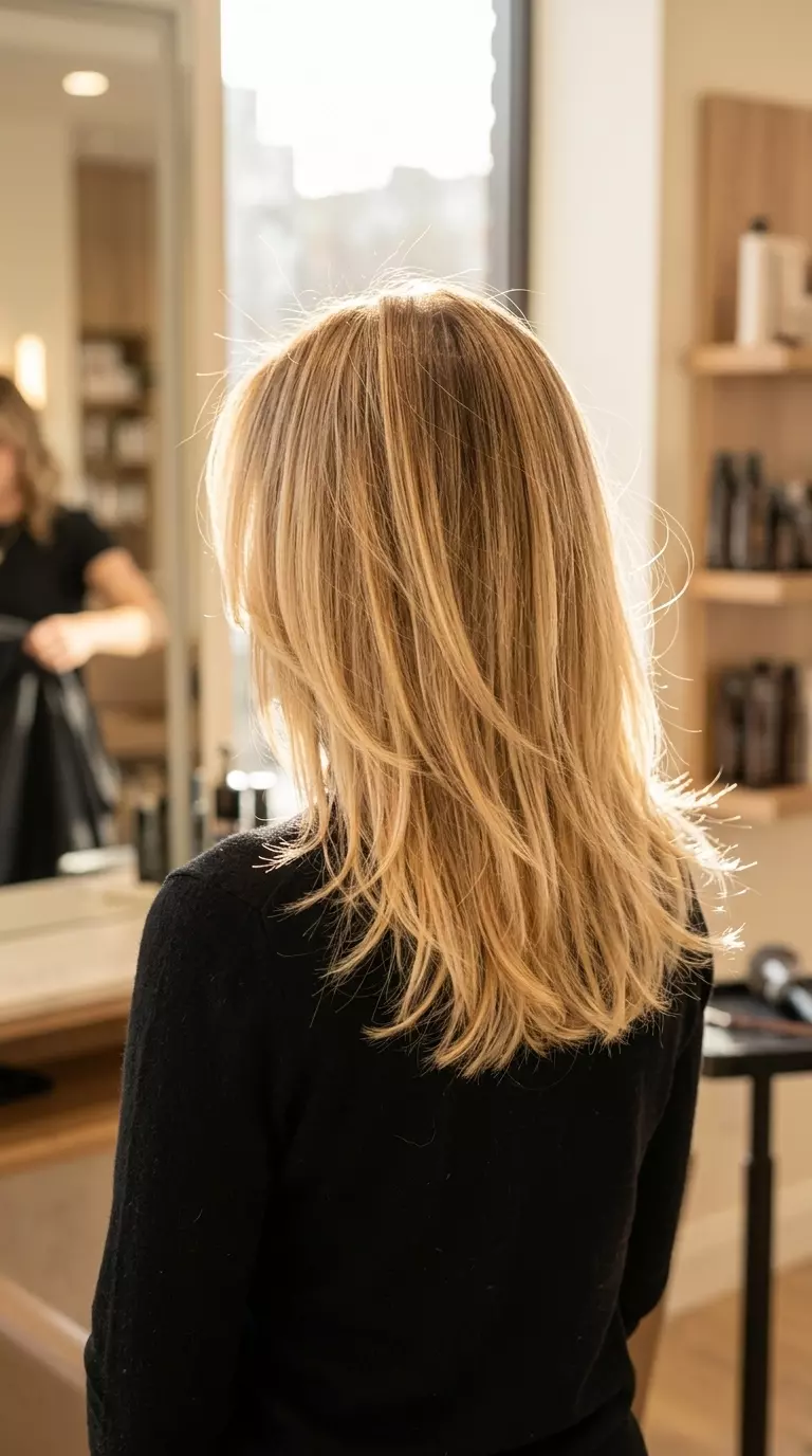 Air-Light Sun-Kissed Shag Hair 2026: Golden Blonde shoulder-length shag with golden blonde balayage and sandy brown base, wispy layers, subtle face frame — effortless, playful