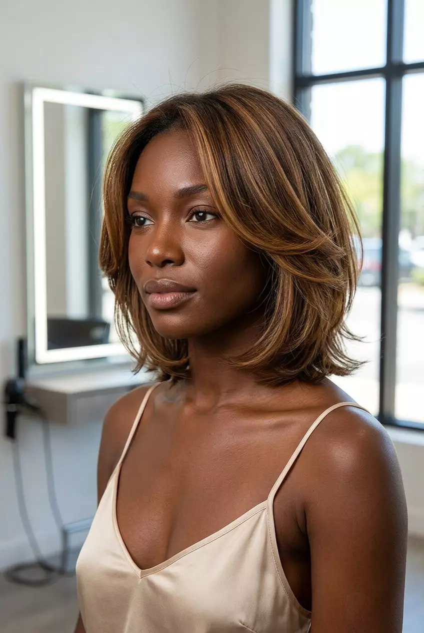 short Italian soft-crop haircut in warm golden brown with balayage for effortless waves