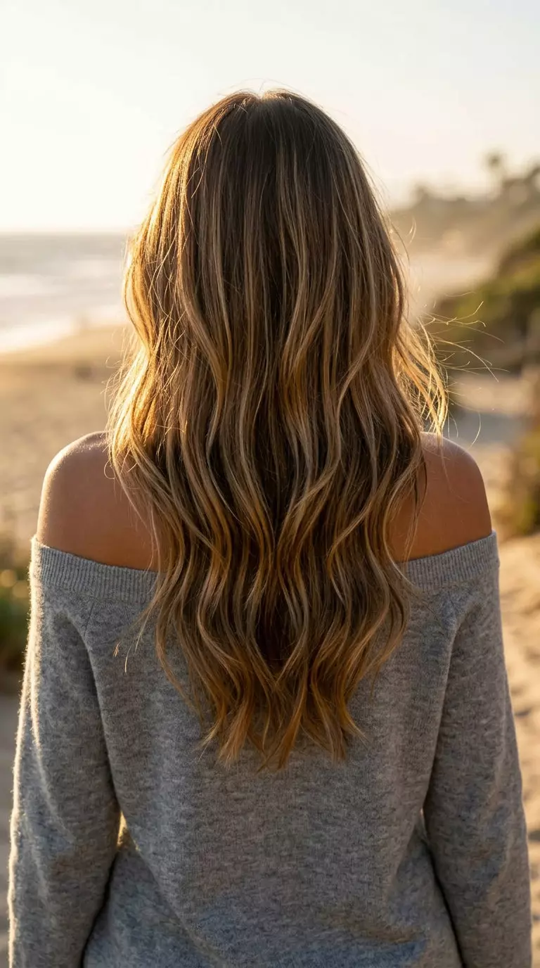 Coastal Summer Waves Haircut long golden caramel balayage haircut with honey money pieces and face-framing layers for beach days