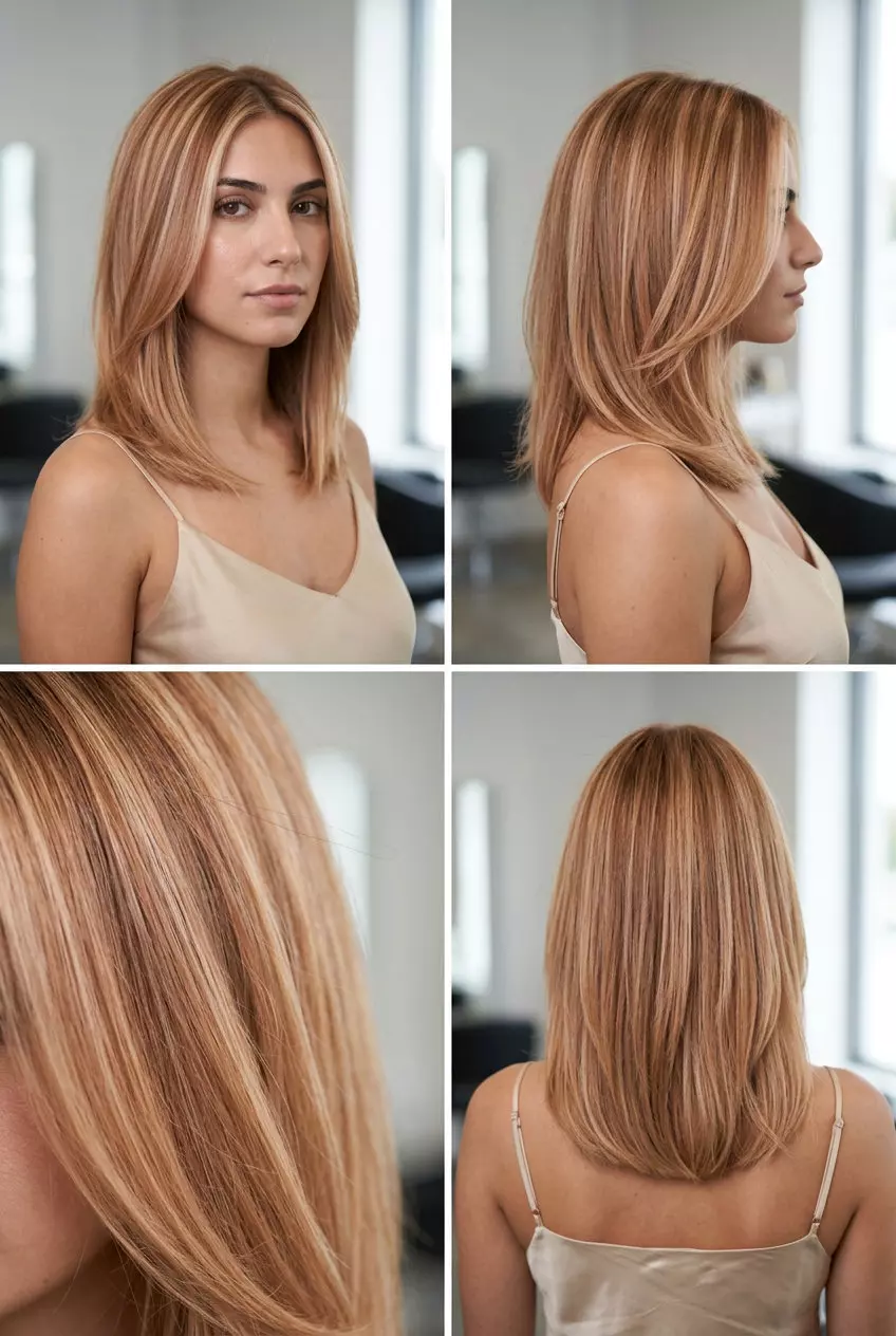 golden copper with strawberry blonde highlights and honey blonde lowlights, balayage &mdash; romantic summer event