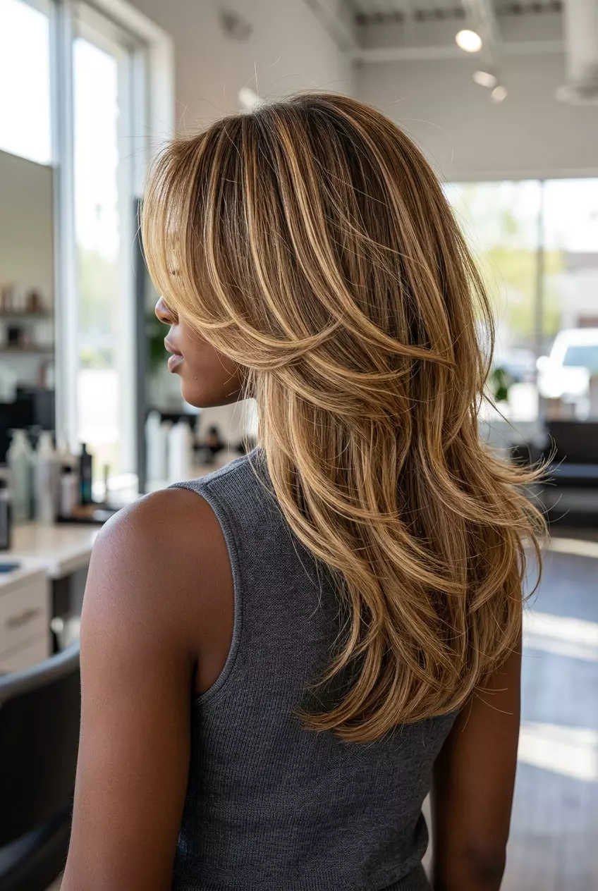 long butterfly cut bronde hair with golden honey highlights and diffused ends for summer