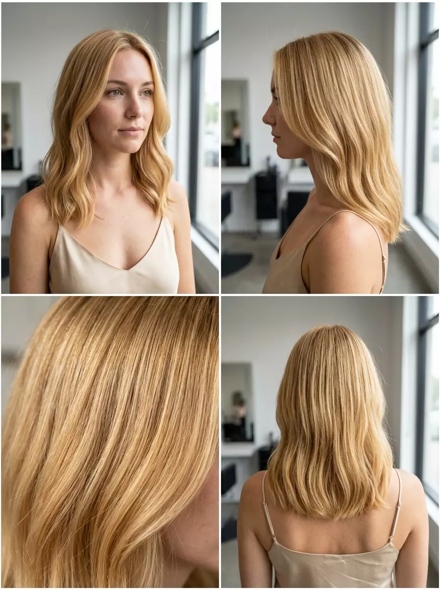 long golden blonde with warm butter undertones, uniform all-over color, no fringe &mdash; sunny classic style