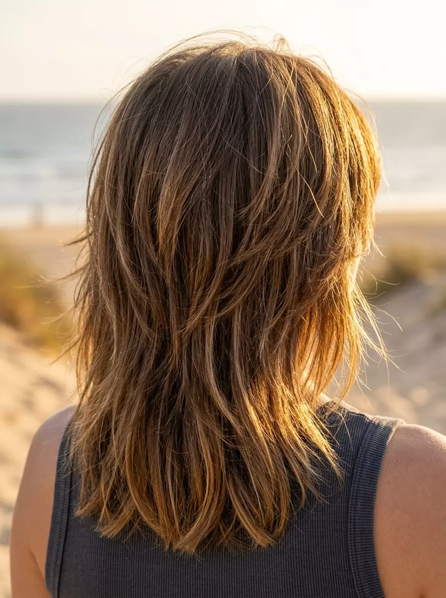 Sun-Kissed Shag Haircut 2026 long sun-kissed shag haircut with golden highlights and choppy fringe for summer