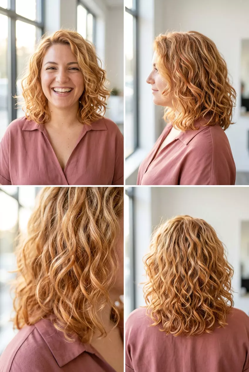 medium golden strawberry blonde curls with subtle copper highlights and no fringe for summer