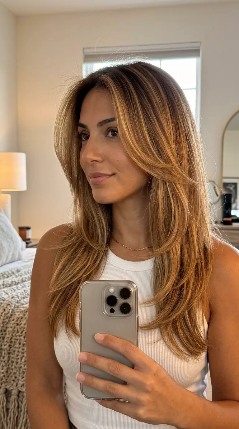 Golden Hour Cascade Haircut long honey balayage haircut with golden caramel lowlights and C-shape face-framing for ethereal glamour