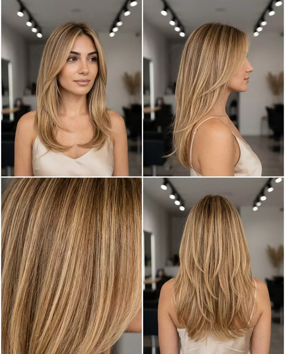 Golden Hour Cascade Haircut long honey blonde balayage haircut with golden babylights and V-cut back for elegance
