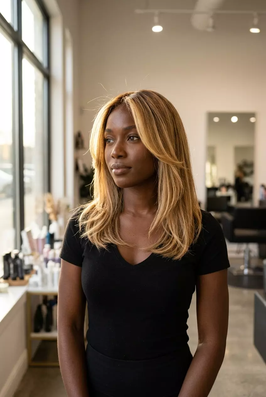 long warm honey blonde balayage with golden money piece, balayage, no fringe &mdash; radiant playful brunch style