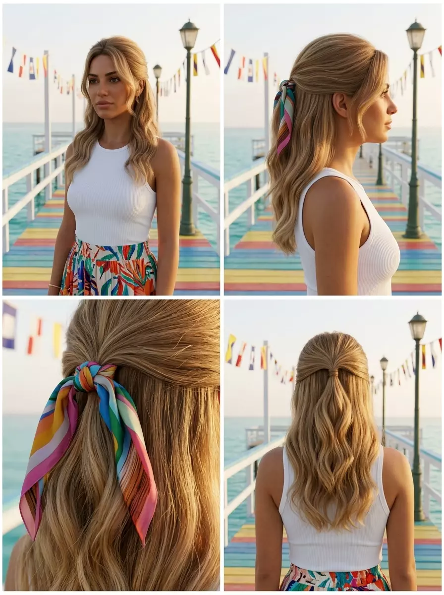 long honey blonde half-up with silk scarf knot for chic beach day