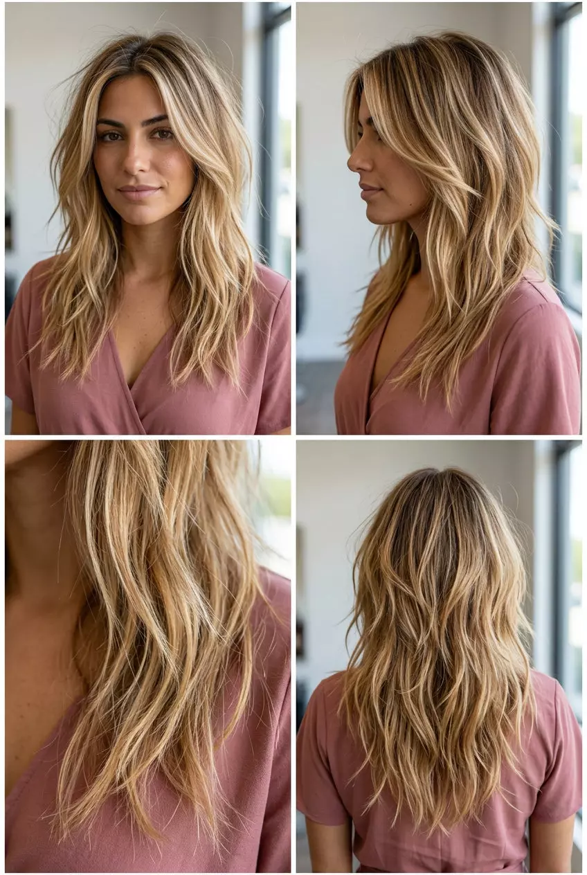 medium butterfly haircut in honey blonde with choppy layers and razored fringe for a music festival