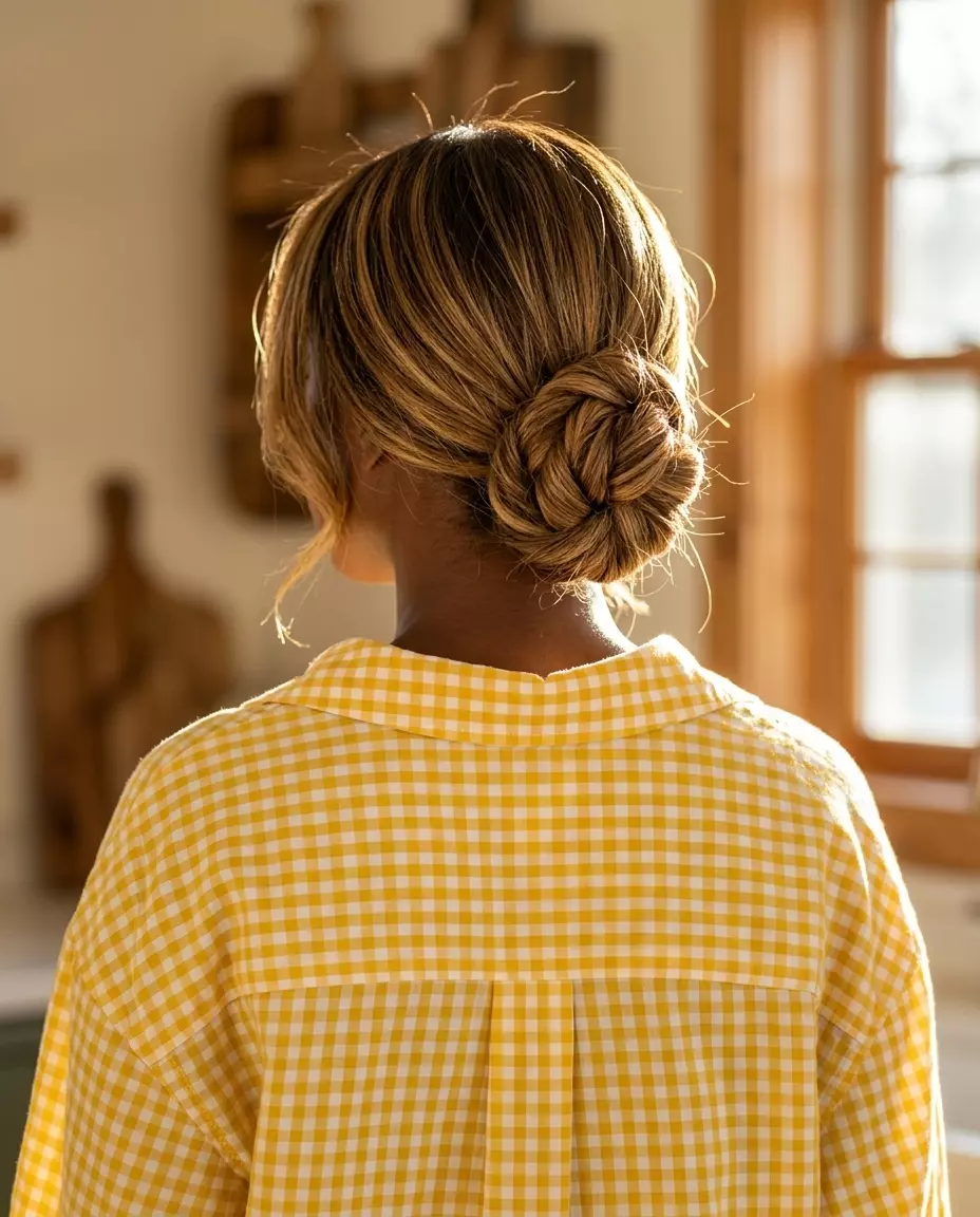 medium honey blonde twisted bun with golden babylights, face-framing layers, no fringe &mdash; playful summer day