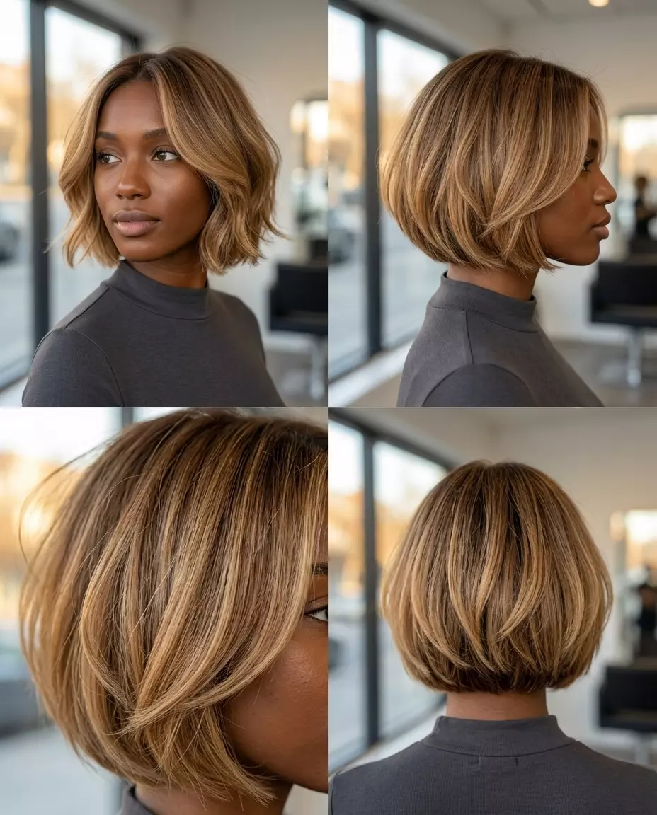 short layered crop haircut with warm honey blonde ombr&eacute; for effortless waves
