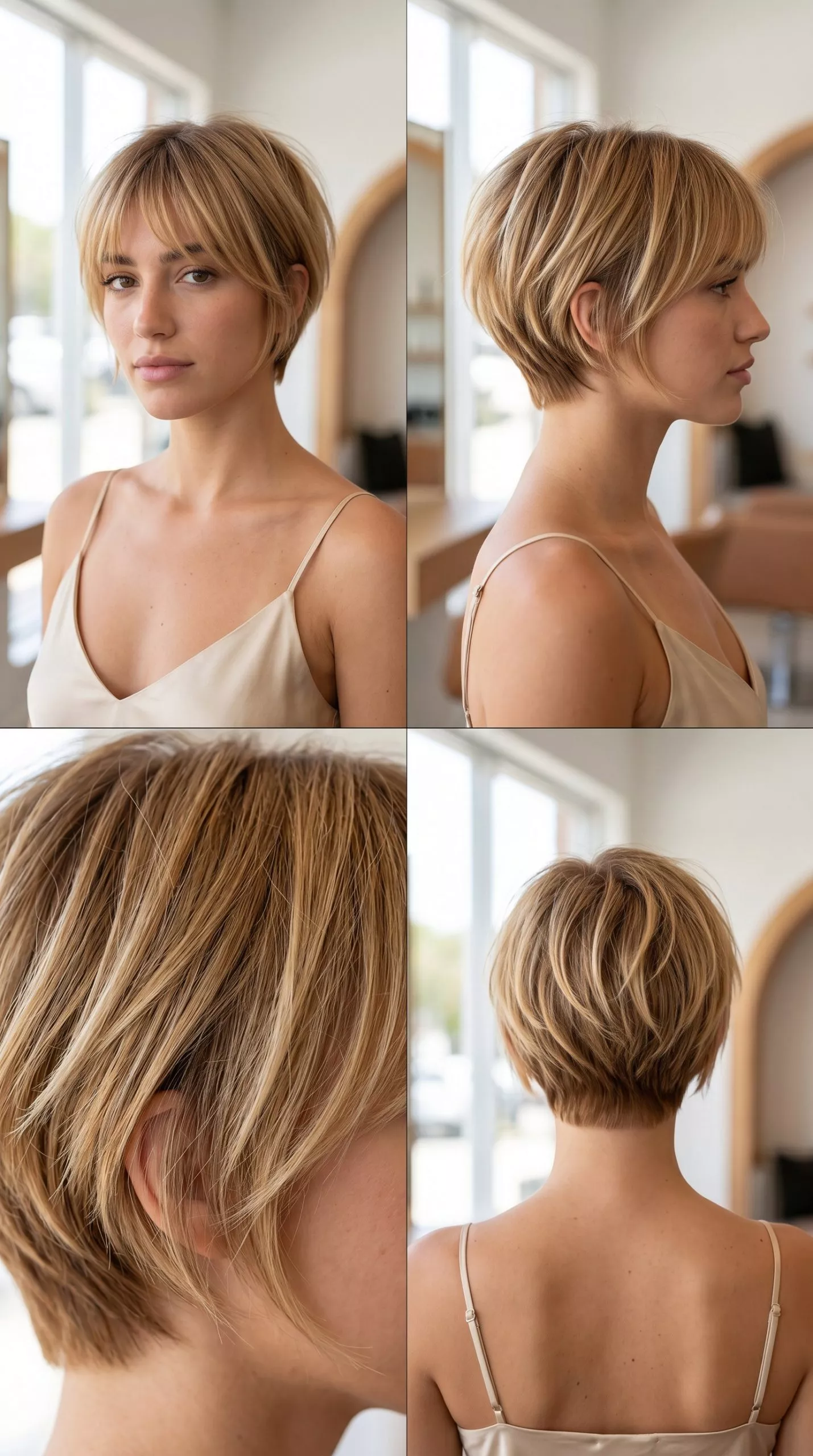 Youthful Honey Blonde Crop 2026 short honey blonde crop haircut with vanilla babylights and piecey bangs for summer