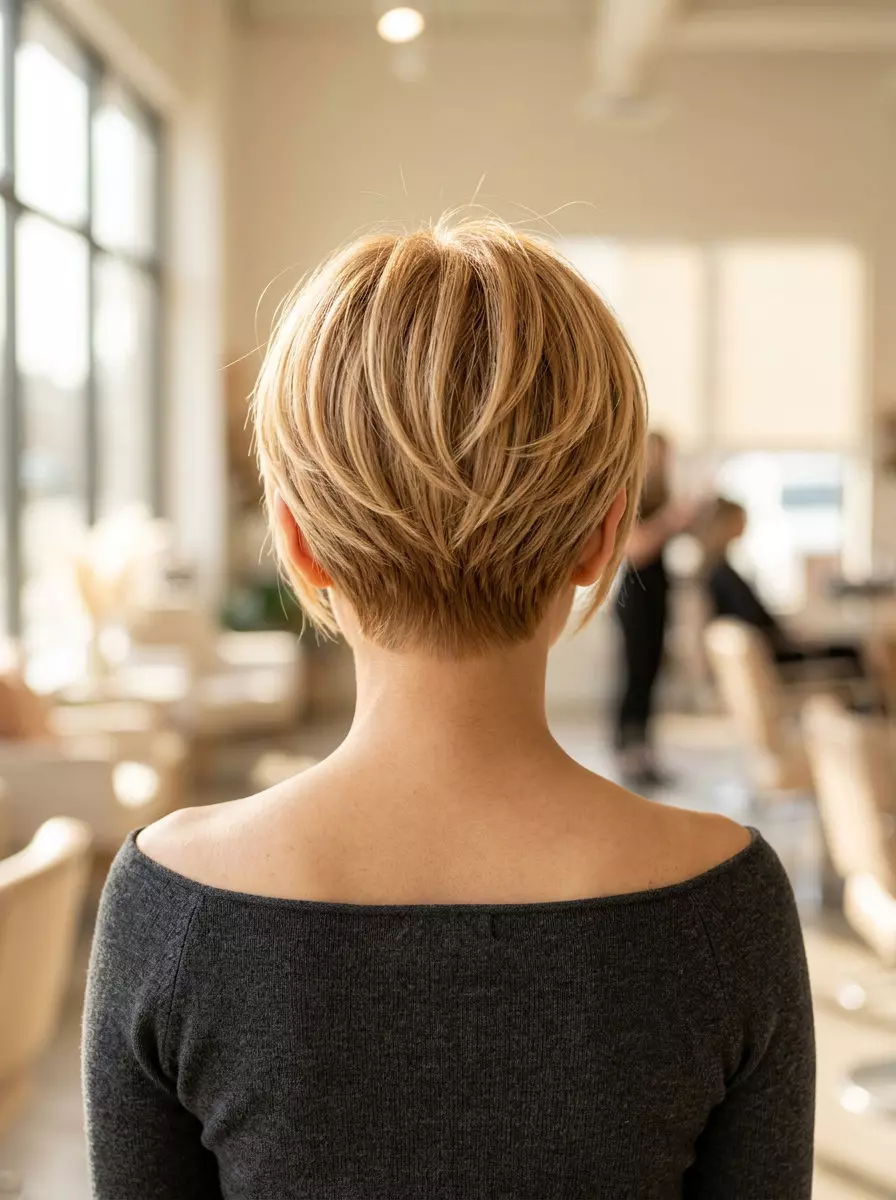 short pixie haircut golden honey blonde with caramel lowlights and babylights, foilyage technique &mdash; playful chic daily wear