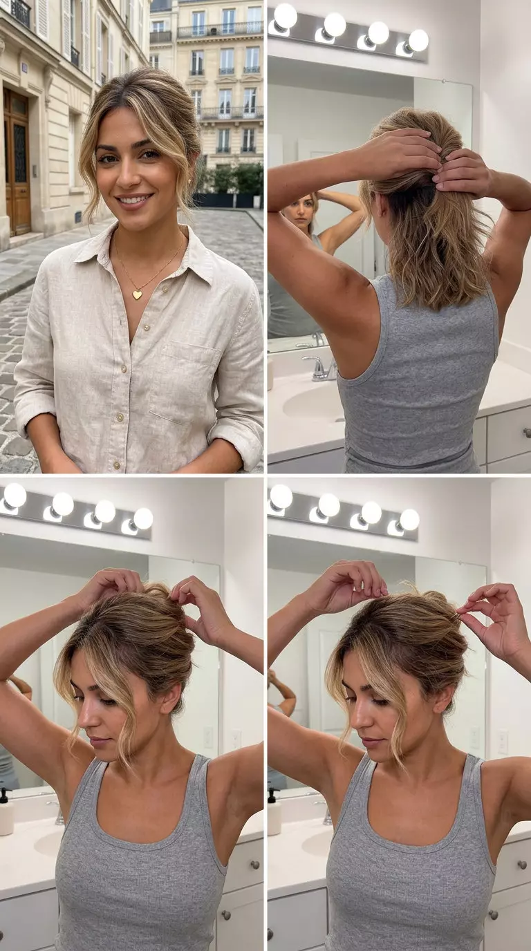 medium honey vanilla blonde updo with balayage, relaxed french twist for weekend events