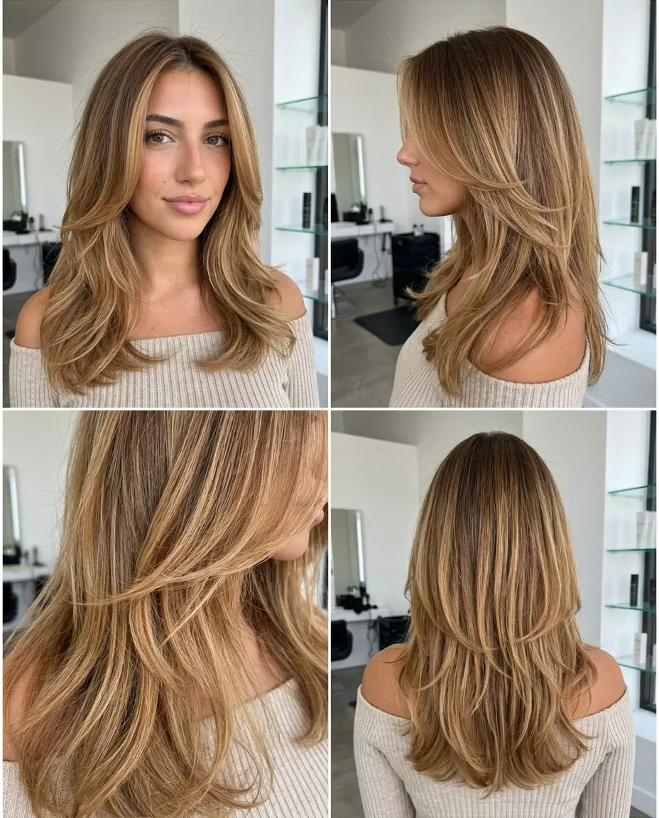long butterfly haircut in warm honey blonde ombr&eacute; with internal layers for a beach vacation