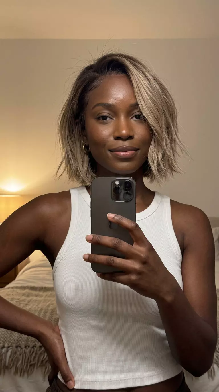short iced chai bronde bob with razor cut textured ends and root smudge for edgy style