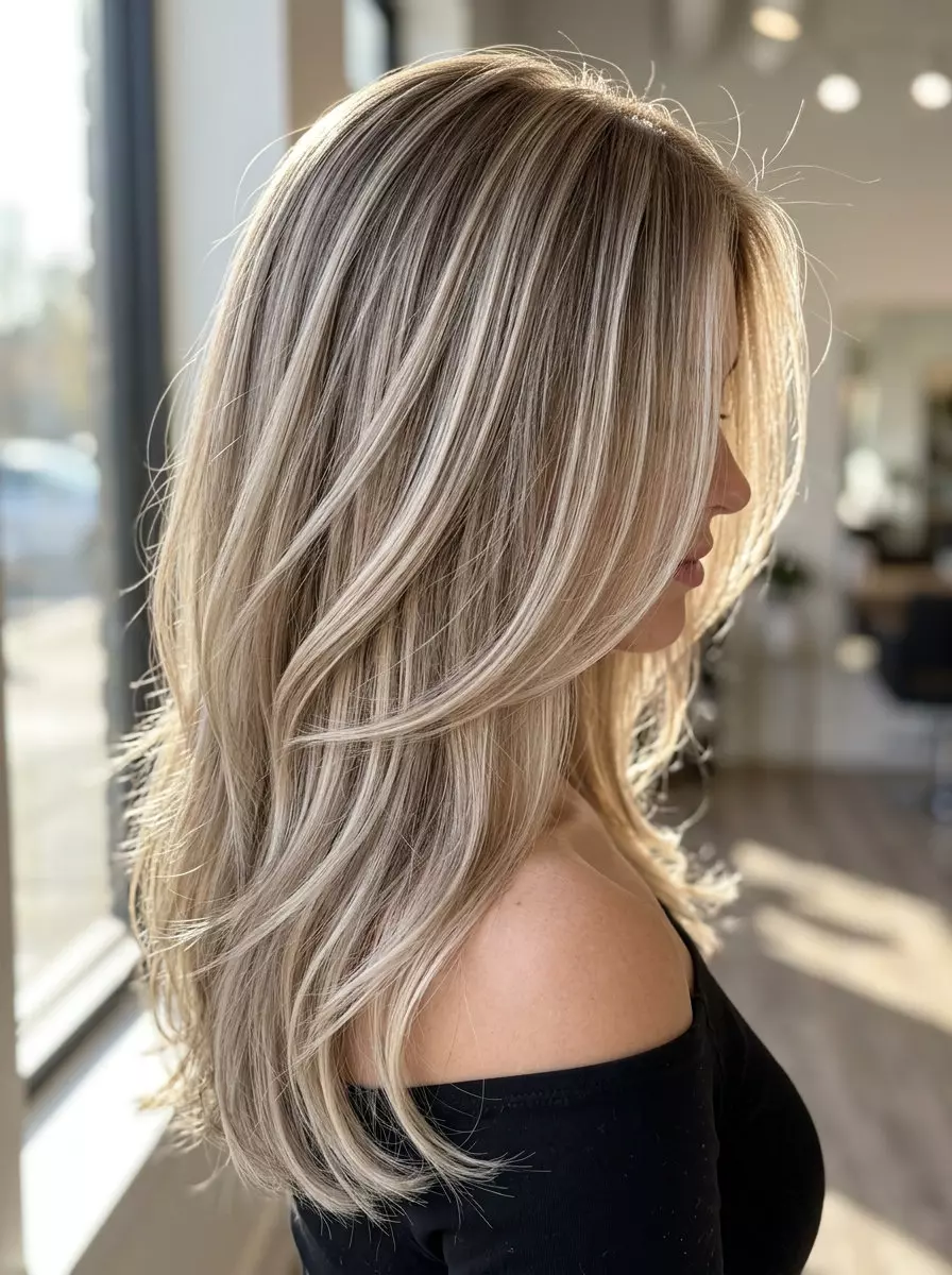 long layers with iced chai blonde, creamy blonde teasylights, soft brown lowlights, face-framing pieces &mdash; bohemian festival look