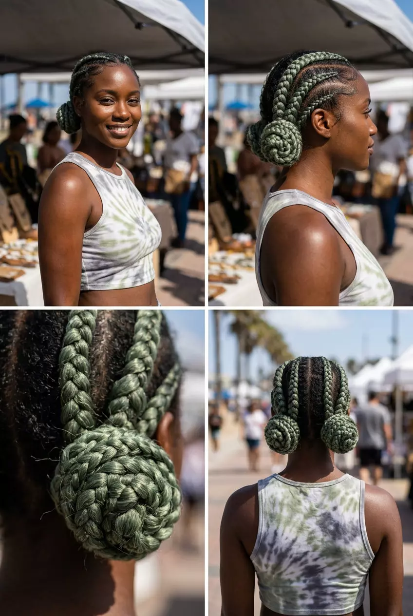medium iced matcha green braided pigtail bunlets with wispy face-framing for summer 2026