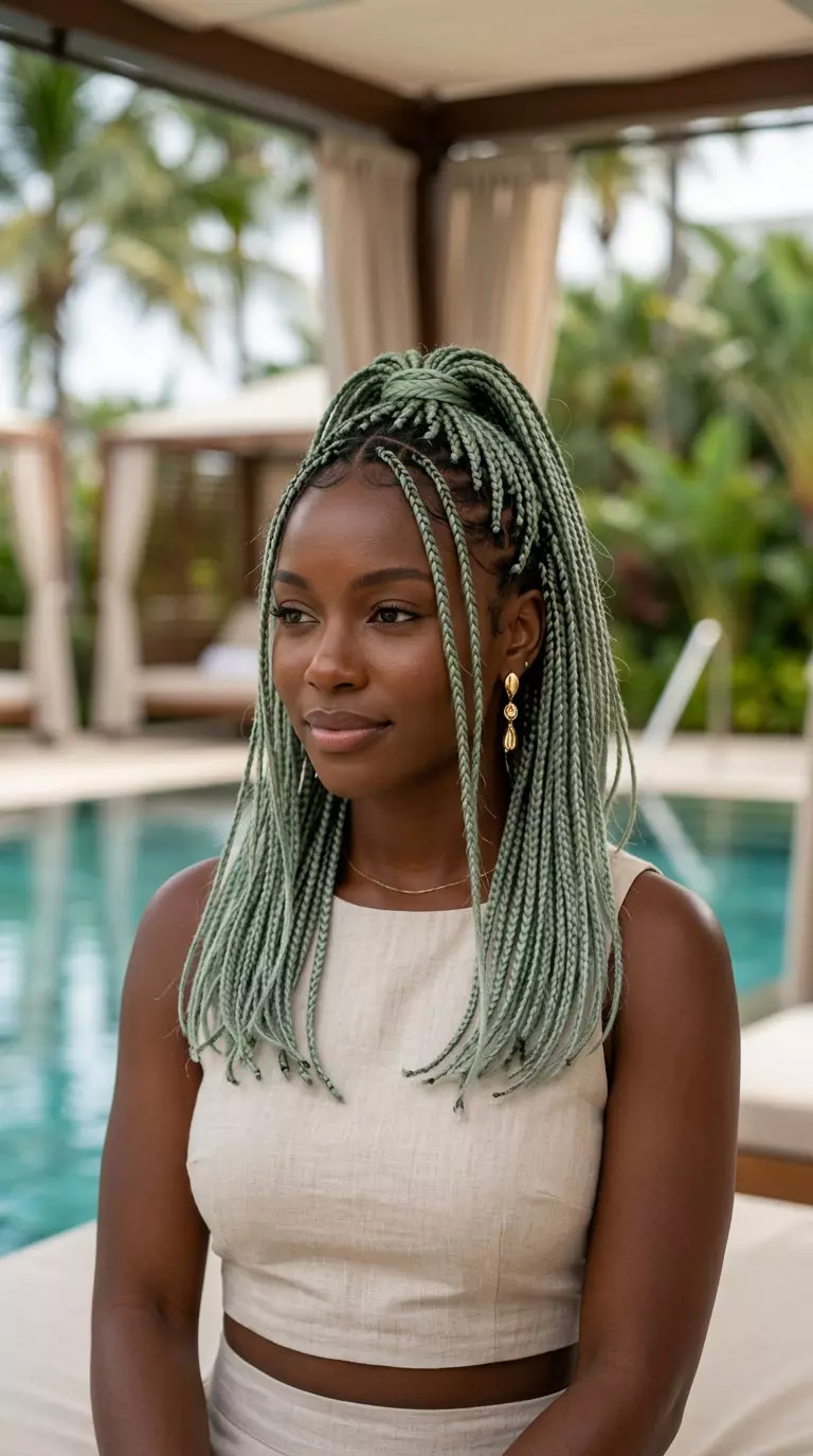 medium iced matcha micro-braided half-up with pastel green, edgy minimalist style for weekends