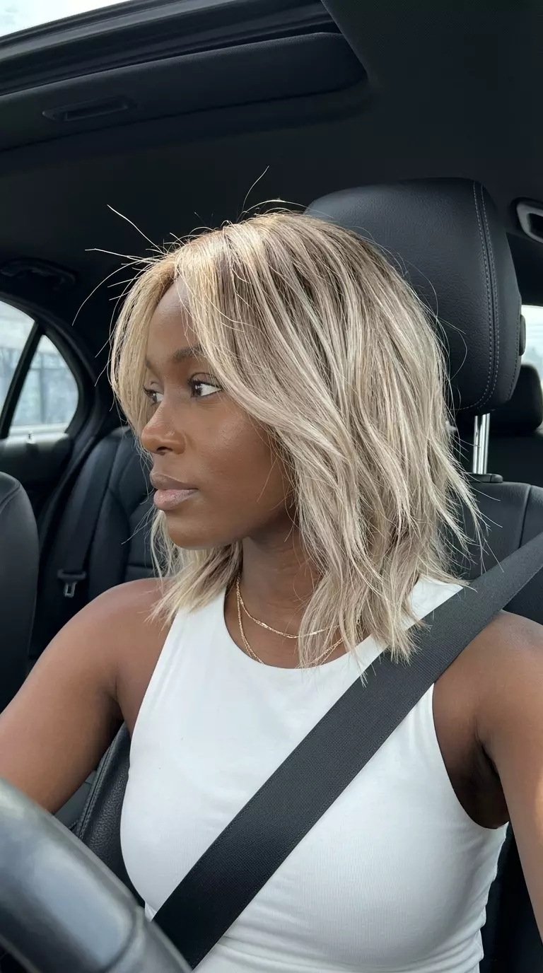 long iced tea blonde piecey highlights with cool beige undertones, foilyage technique &mdash; modern festival