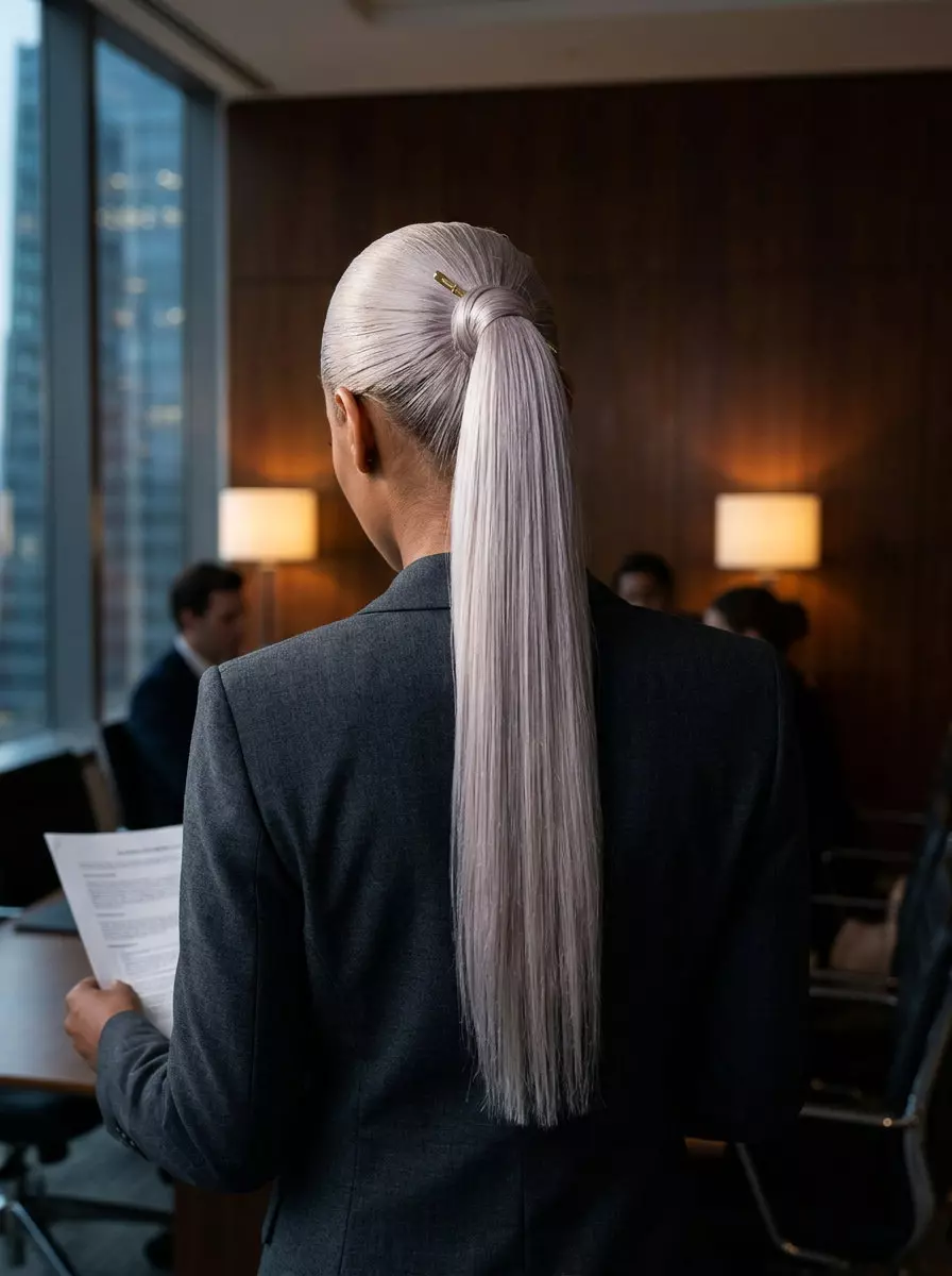 Sleek Icy Platinum Power Ponytail 2026 long blunt-cut icy platinum blonde ponytail with violet toner and sleek finish for professional events