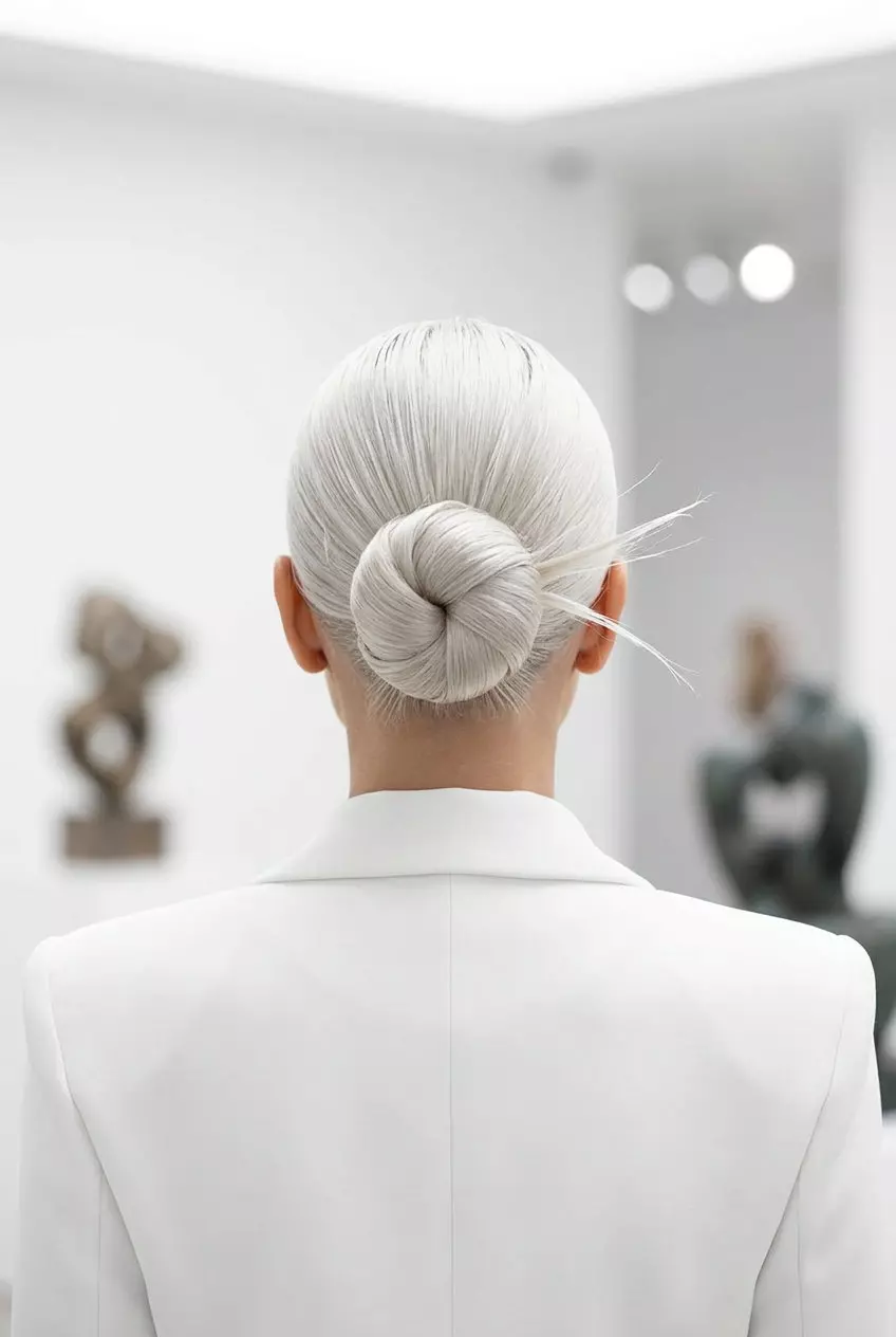long blunt haircut in icy platinum blonde with undercut and sleek sculpted bun for summer