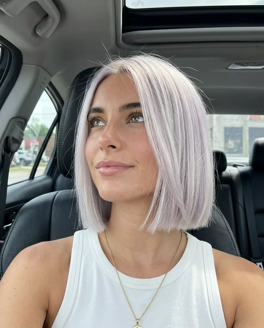 Icy Platinum Bob 2026: Bold & Blunt short icy platinum blonde bob with violet toner, blunt cut, no fringe — bold festival look