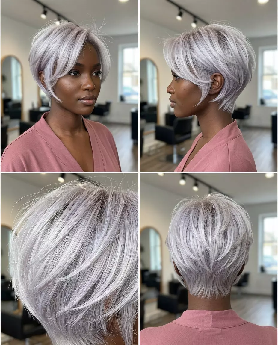 long pixie haircut in icy platinum with silver tones, tapered sides, wispy layers for edgy rebellion