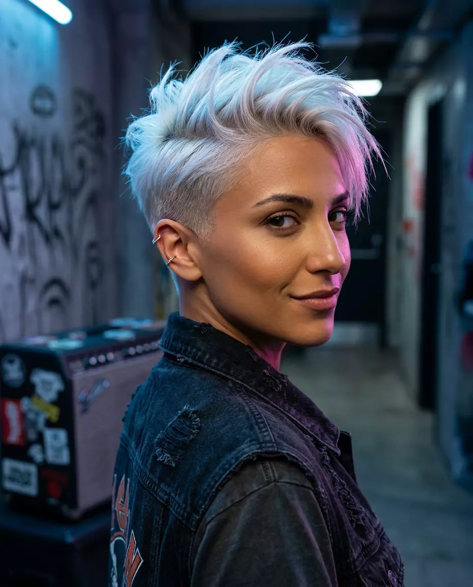 Platinum Power Pixie: Icy Blonde Hair 2026 short asymmetric undercut pixie haircut with icy platinum blonde color, clipper-cut sides, spiky top for edgy confidence