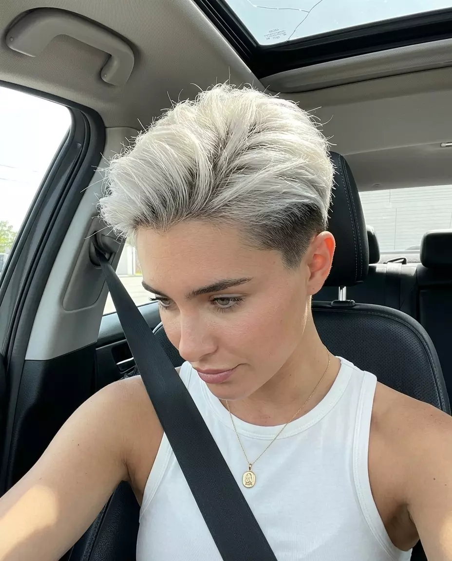 short icy platinum blonde pixie with dark undercut, double-process bleach &mdash; edgy music festival