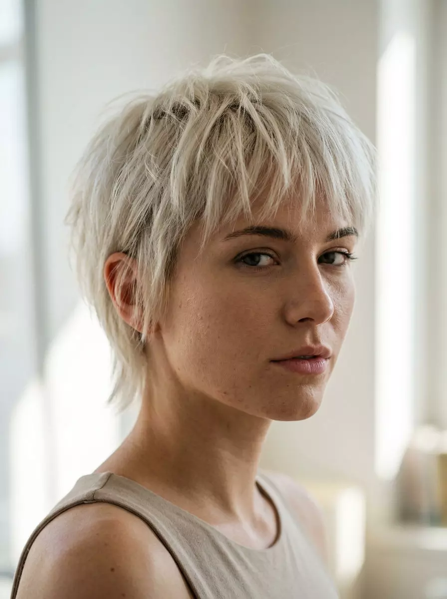 short icy platinum wolf cut with textured layers and micro-fringe for summer