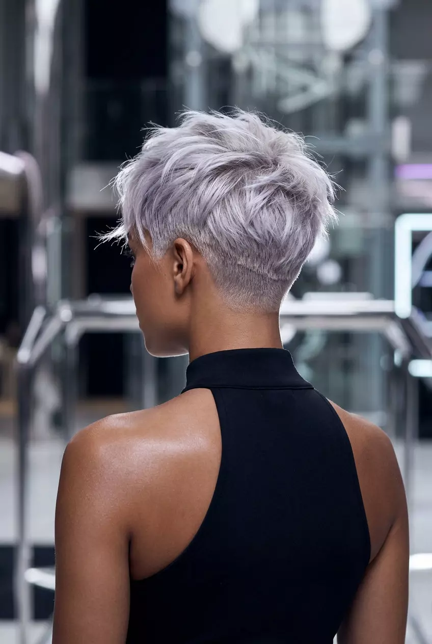 Icy Platinum Pixie Crop Hairstyle 2026 ultra-short pixie crop with icy platinum blonde hair, clipper fade, piecey texture — bold edgy