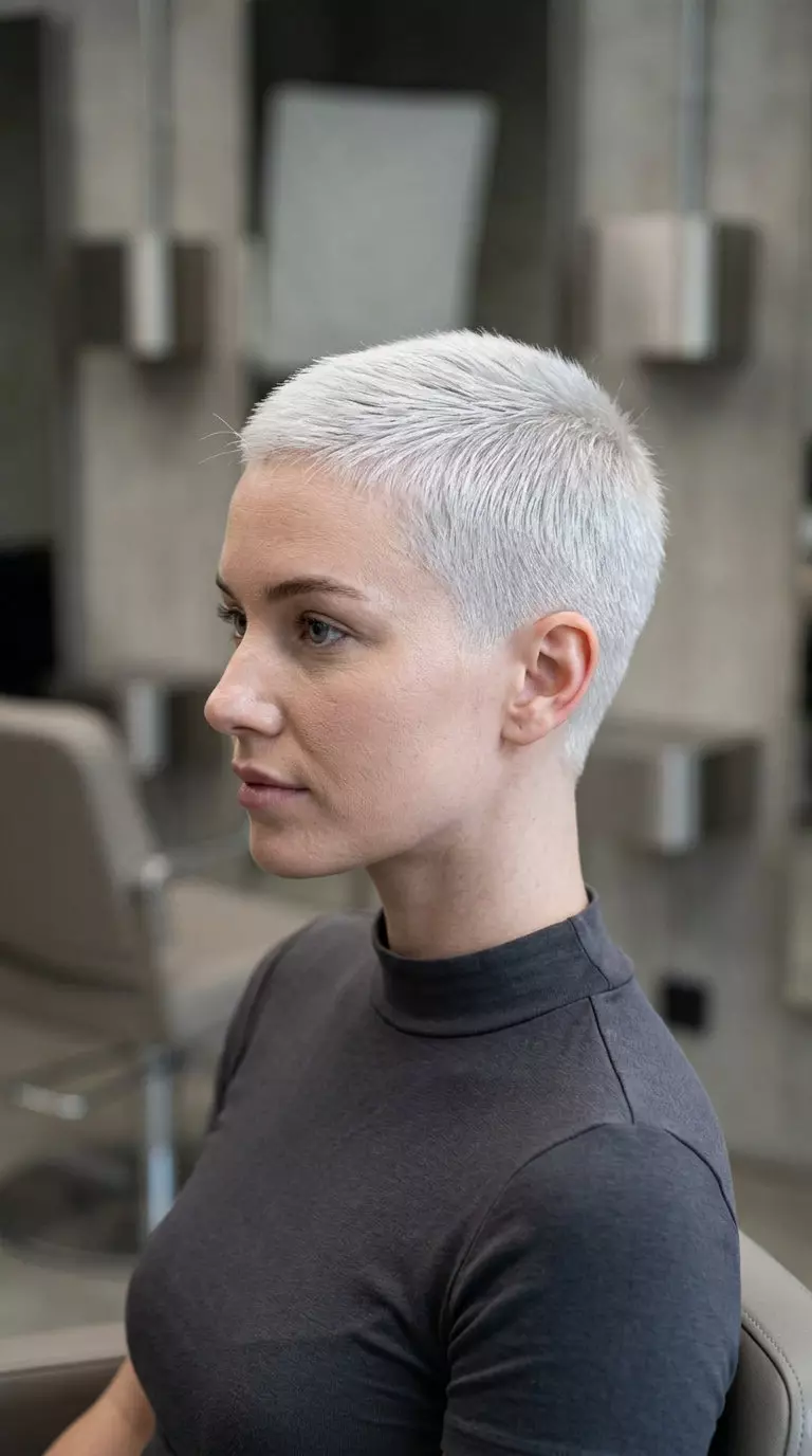 very short icy platinum buzz cut with clean clippers and no fringe for summer