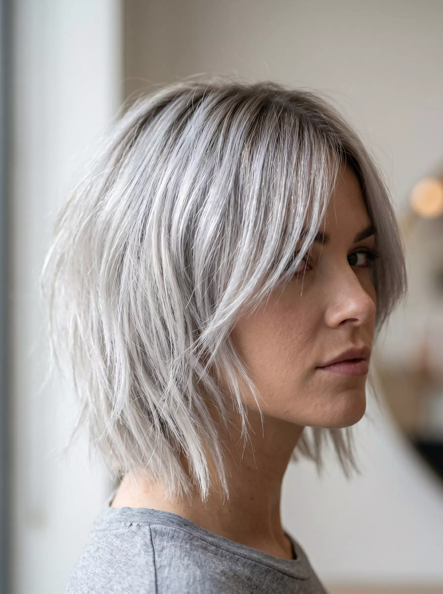 chin-length textured bob haircut with icy silver platinum blonde for summer 2026