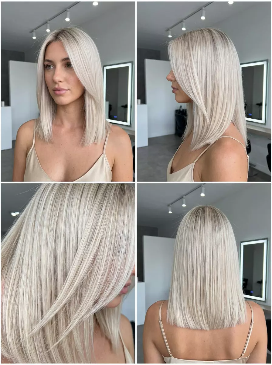 medium-length blunt cut iced vanilla blonde with subtle ash root smudge, global double-process bleach &mdash; sophisticated daily wear