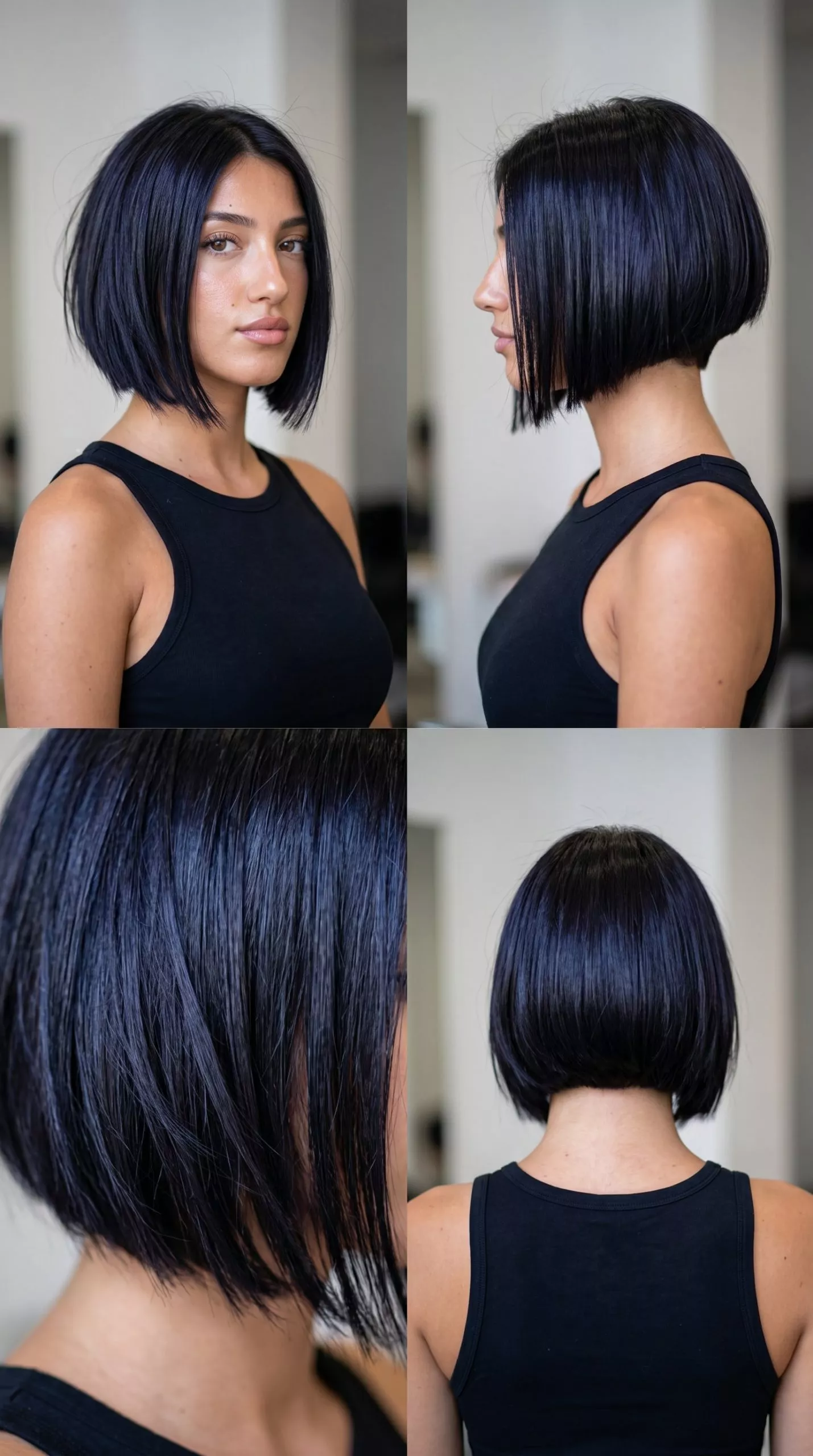 chin-length textured bob haircut with jet black blue-violet undertones and undercut nape for a dramatic look