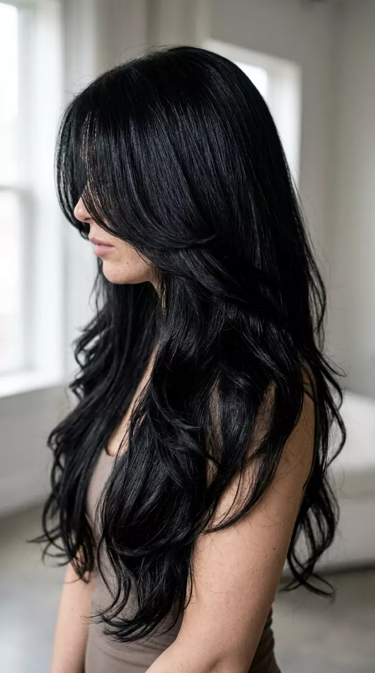 long layered haircut in jet black with blue-black undertones and face-framing layers for dramatic look