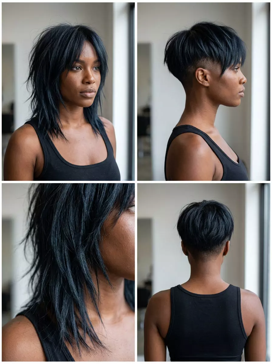 medium-length layered haircut in jet black with undercut and choppy layers for edgy look