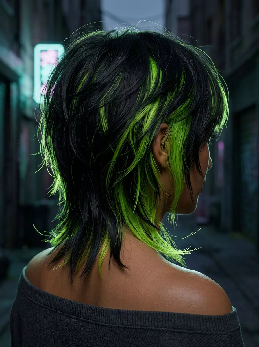 medium length wolf cut in jet black with cyber lime green accent panels, choppy crown layers, sharp face-framing claws &mdash; futuristic