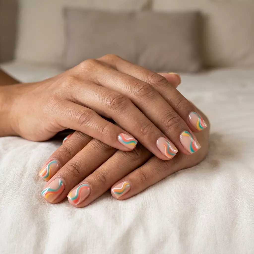 June Manicure Ideas: Abstract Swirls 2026 Abstract Summer Swirls on Short Square nails for casual outings, festivals, or summer parties. Whimsical, playful.